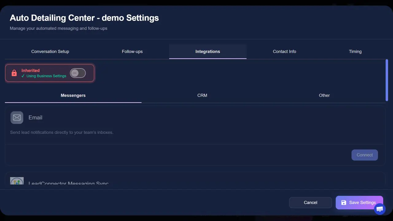 Auto-Respond messaging settings Integrations tab with Messengers, CRM and Other sections, showing Email and LeadConnector Messaging Sync