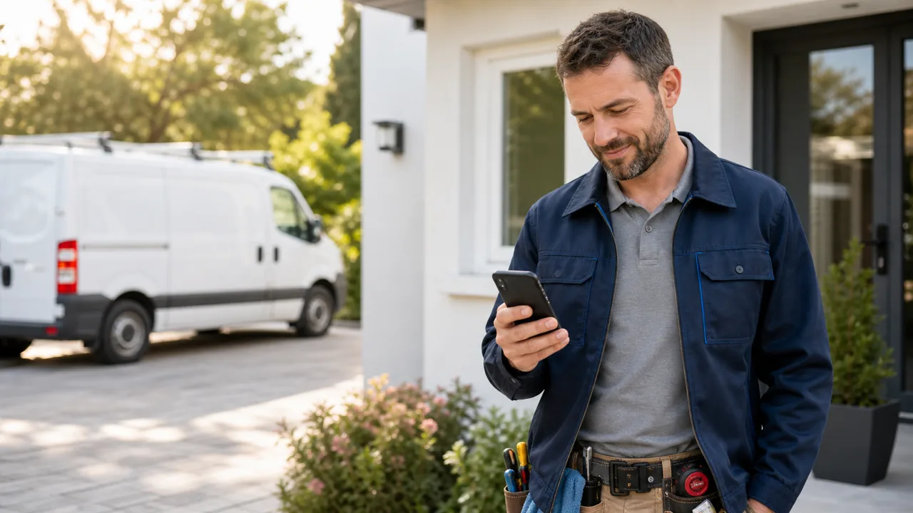 Contractor in a work jacket reading a customer message on his phone outside a home, with a work van in the driveway