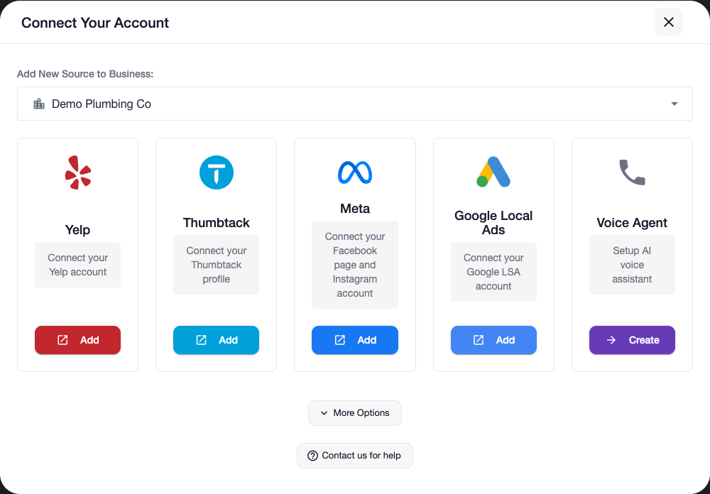Add Your First Source screen prompting the account holder to connect a lead source