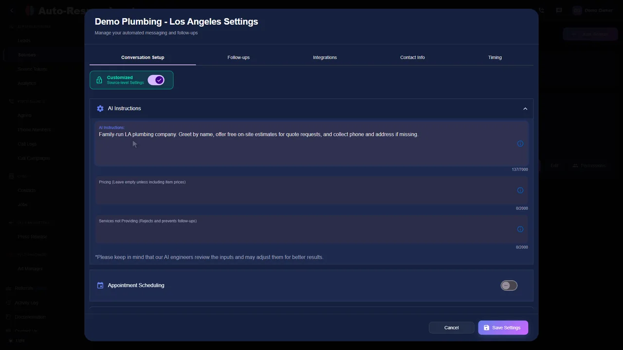 Auto-Respond messaging settings with customized AI instructions