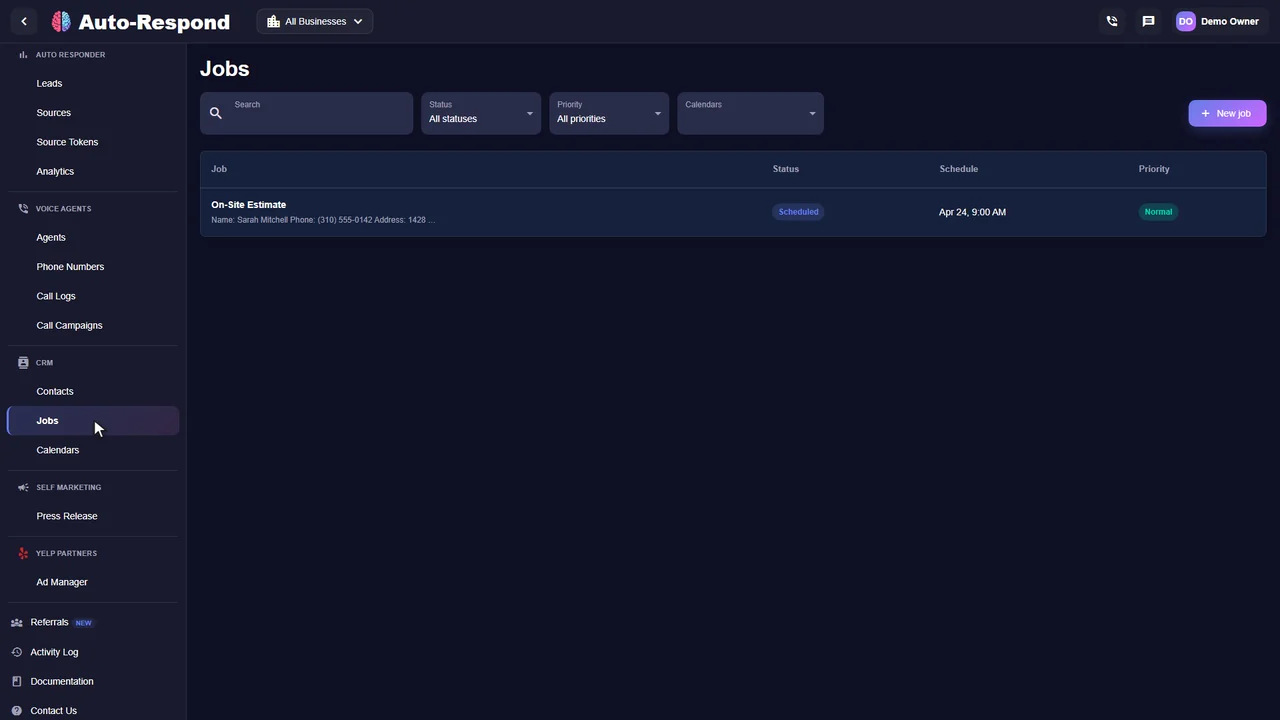 Auto-Respond Jobs dashboard showing a scheduled on-site estimate