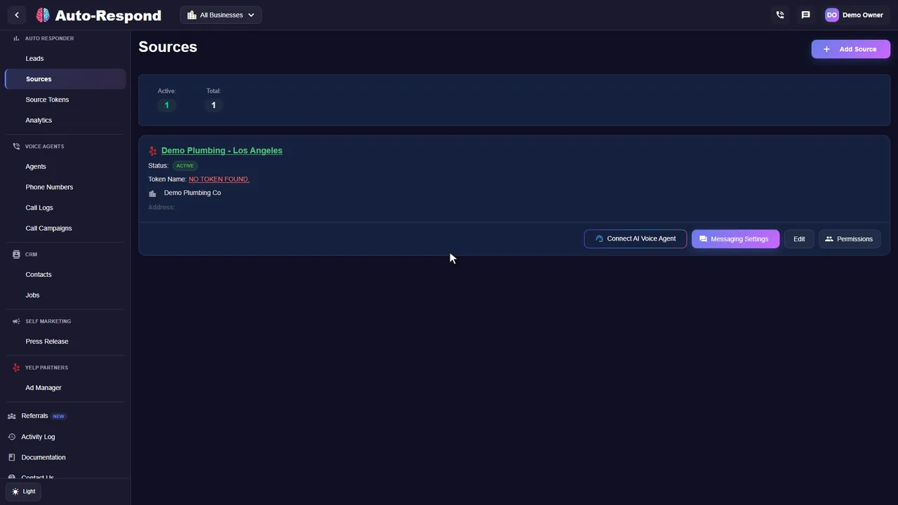 Auto-Respond Sources dashboard showing an active Demo Plumbing lead source