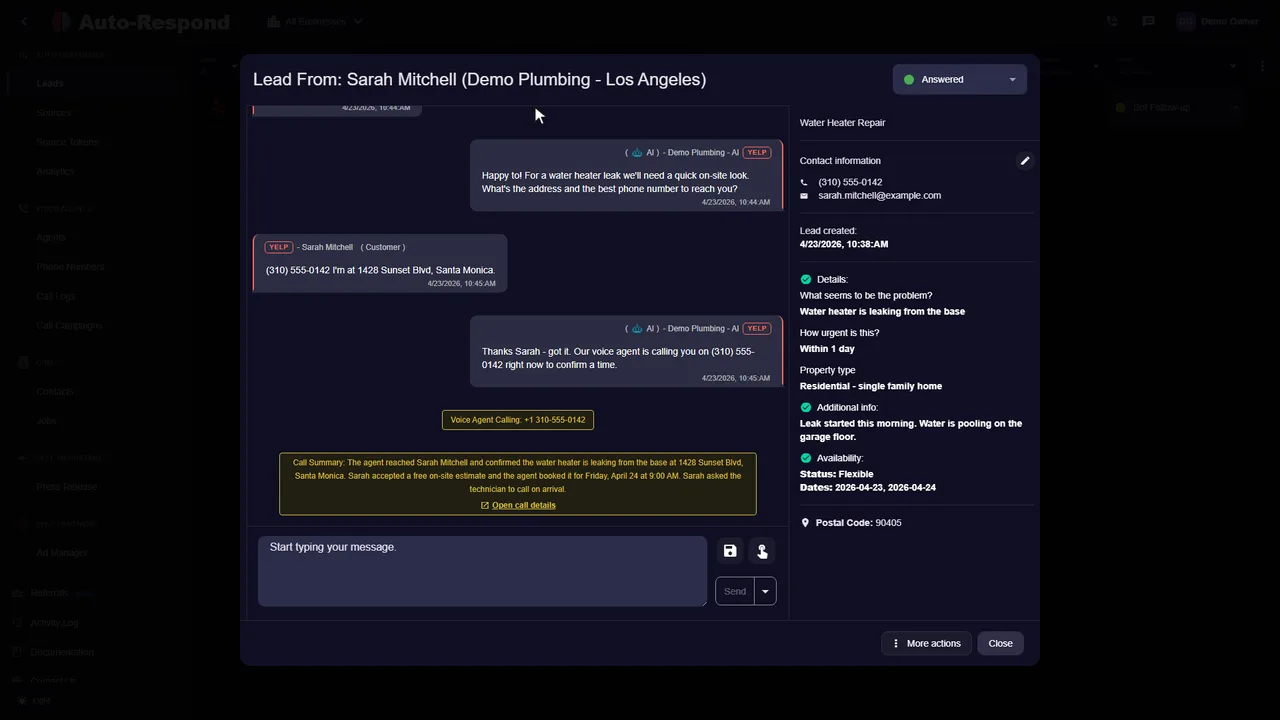 Auto-Respond lead conversation showing captured details, AI messages, voice call status, and a call summary